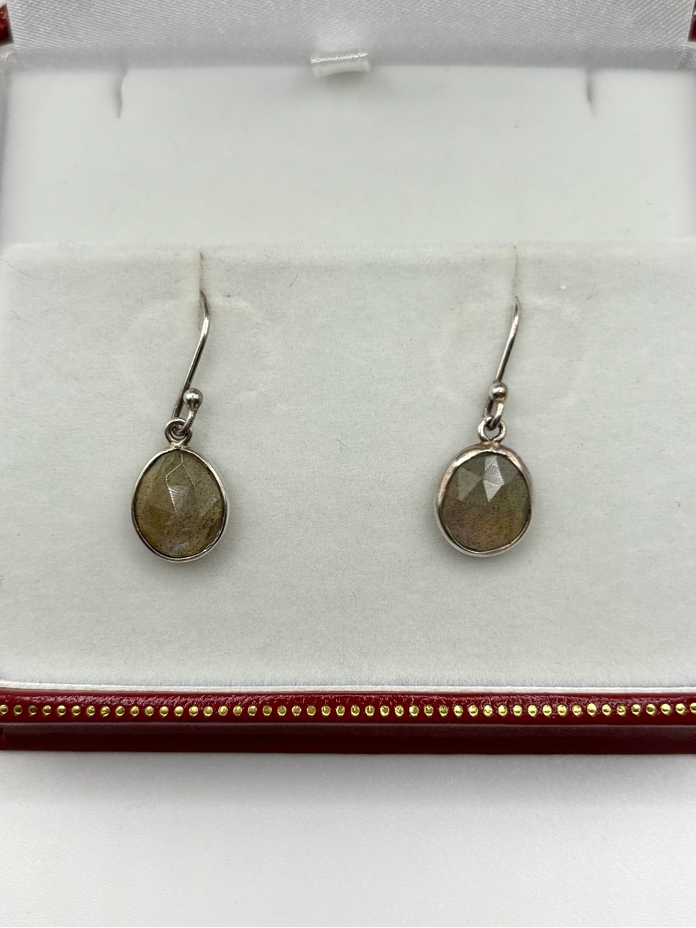 Labradorite Bezel Drop Earrings in Silver - Gray-Green Gemstone
